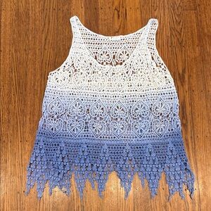 🌊 Miss Kelly 1999 Ombre Crochet Lace Tank Top • Blue/White • Boho • M/L
